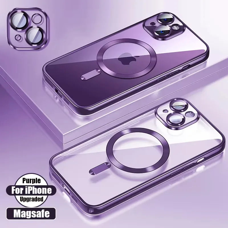 Luxury Plating Case For iPhone 16 15 14 11 13 12 Pro Max Wireless Clear Charge Magnetic Soft Cover Camera Lens Protector