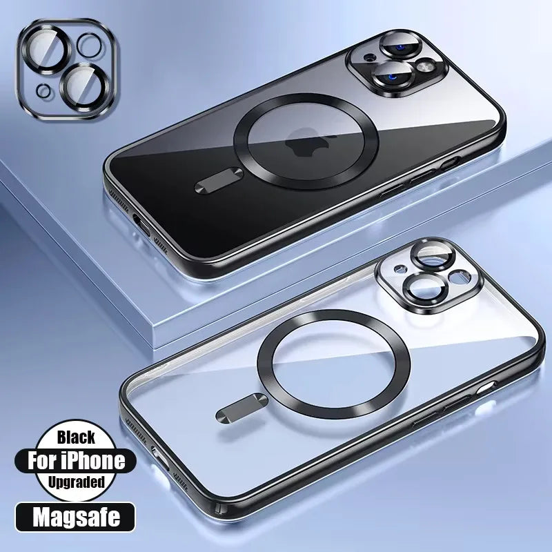 Luxury Plating Case For iPhone 16 15 14 11 13 12 Pro Max Wireless Clear Charge Magnetic Soft Cover Camera Lens Protector