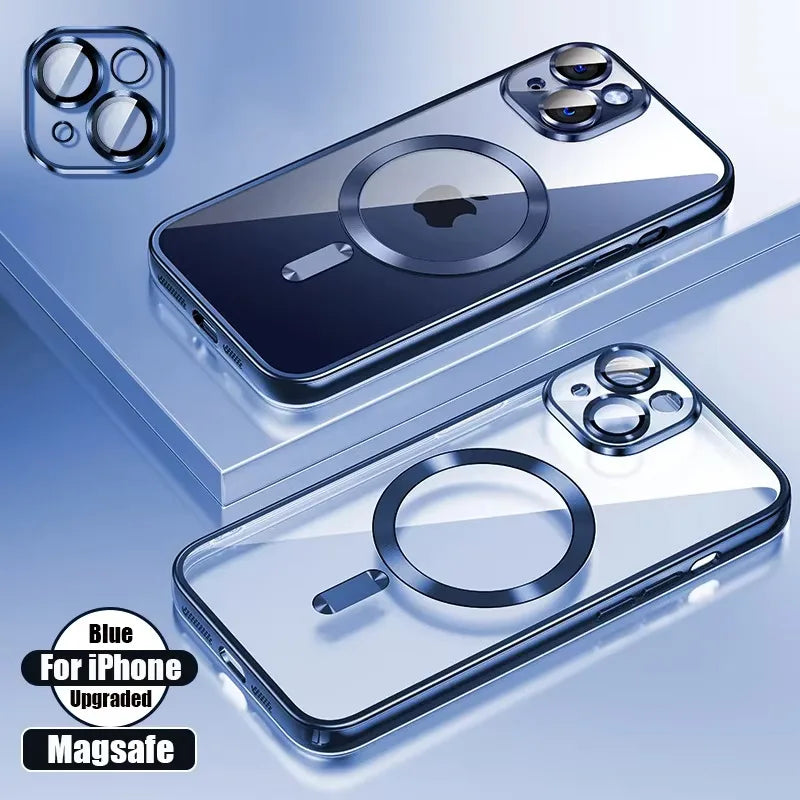 Luxury Plating Case For iPhone 16 15 14 11 13 12 Pro Max Wireless Clear Charge Magnetic Soft Cover Camera Lens Protector