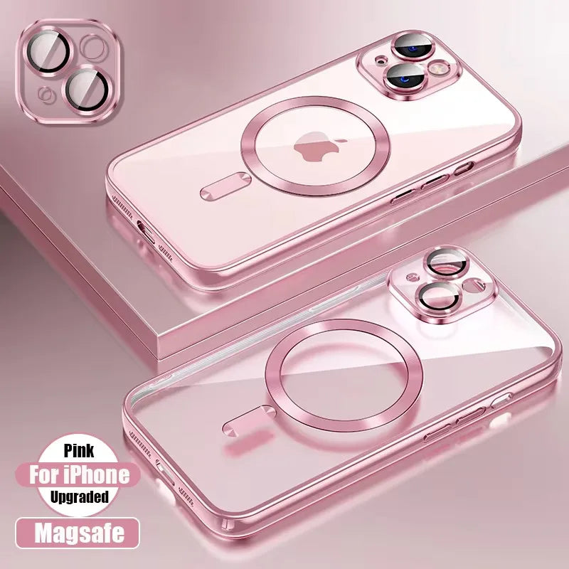 Luxury Plating Case For iPhone 16 15 14 11 13 12 Pro Max Wireless Clear Charge Magnetic Soft Cover Camera Lens Protector