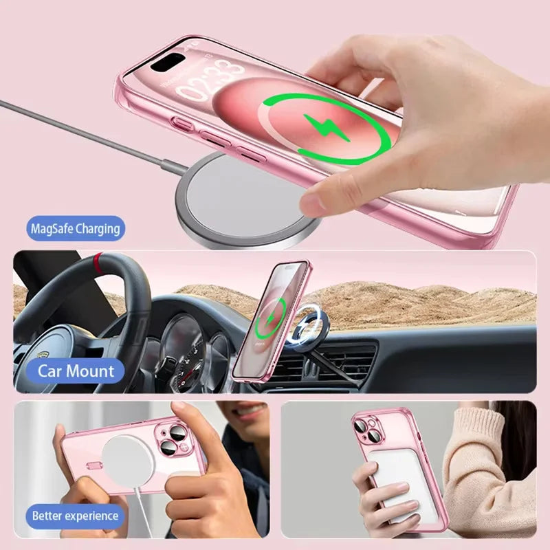 Luxury Plating Case For iPhone 16 15 14 11 13 12 Pro Max Wireless Clear Charge Magnetic Soft Cover Camera Lens Protector