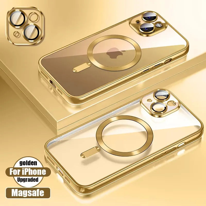 Luxury Plating Case For iPhone 16 15 14 11 13 12 Pro Max Wireless Clear Charge Magnetic Soft Cover Camera Lens Protector